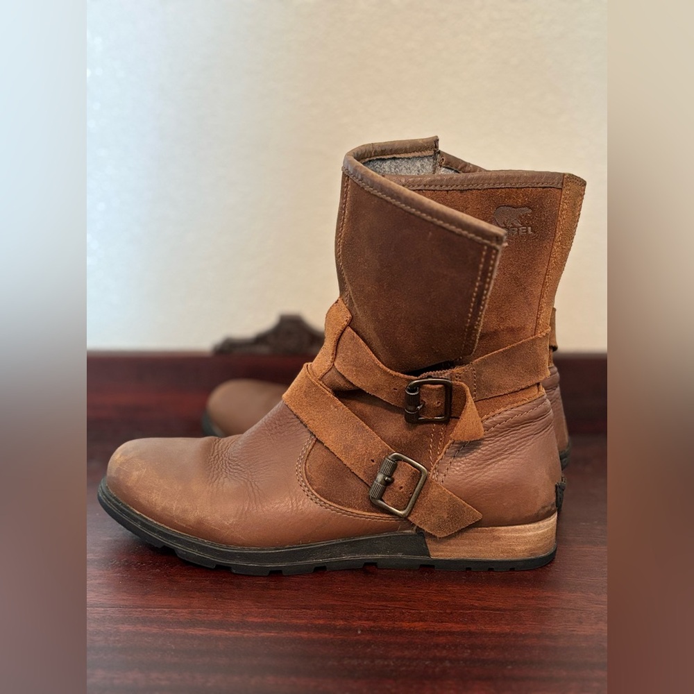 Sorel Major Moto Brown Suede Leather Slip On Buckle Biker Boots Womens Sz 10.5